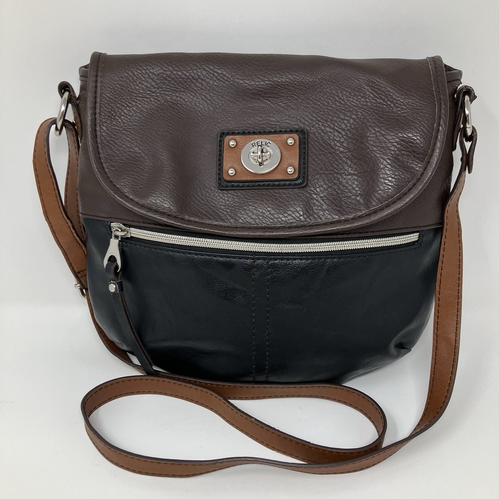 RELIC Crossbody Bag Womens Flap Messenger Colorblock Black Brown Faux Leather